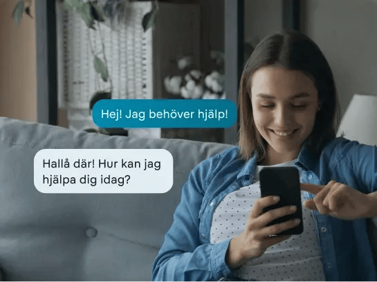 Kvinna får hjälp i konversation med företag
