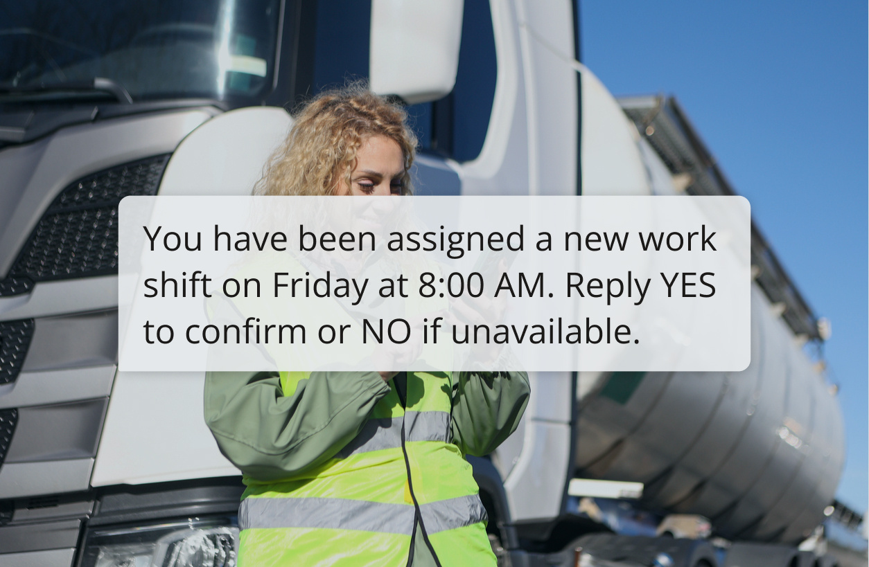 Woman reading text message in front of a truck